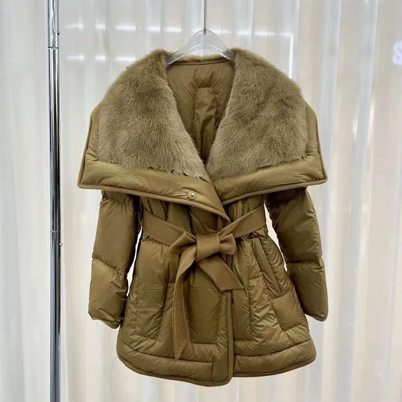 OFTBUY 2023 New Arrivals High Quality Women Belted Waist-slimming Down Jacket Mid Length Big Real Mink Fur Collar Warm Down Coat