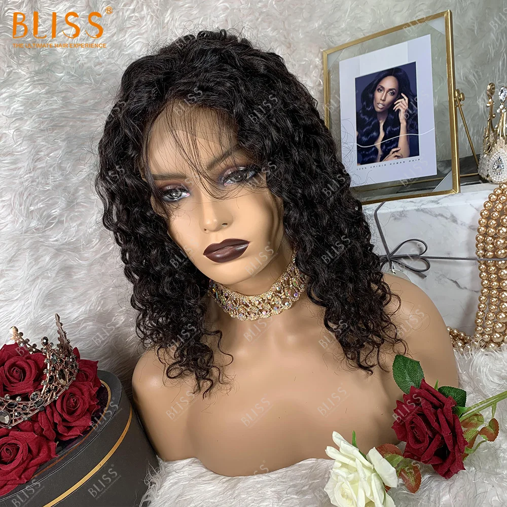 Bliss 100% Human Hair 13x4 Deep Wave Lace Front Middle Part Pre Plucked Short Bob Water Wave Wigs for Women