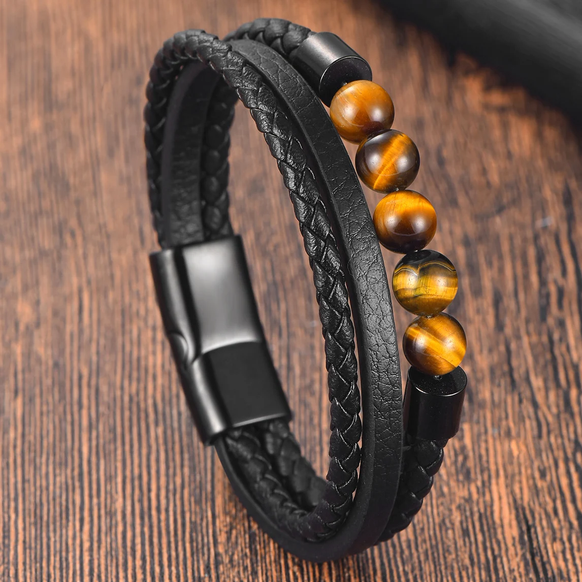 Punk Style 8mm Tiger Eye Stone Stainless Steel Magnetic Buckle Genuine Leather Rope Bracelet For Men Vintage Beaded Bracelet
