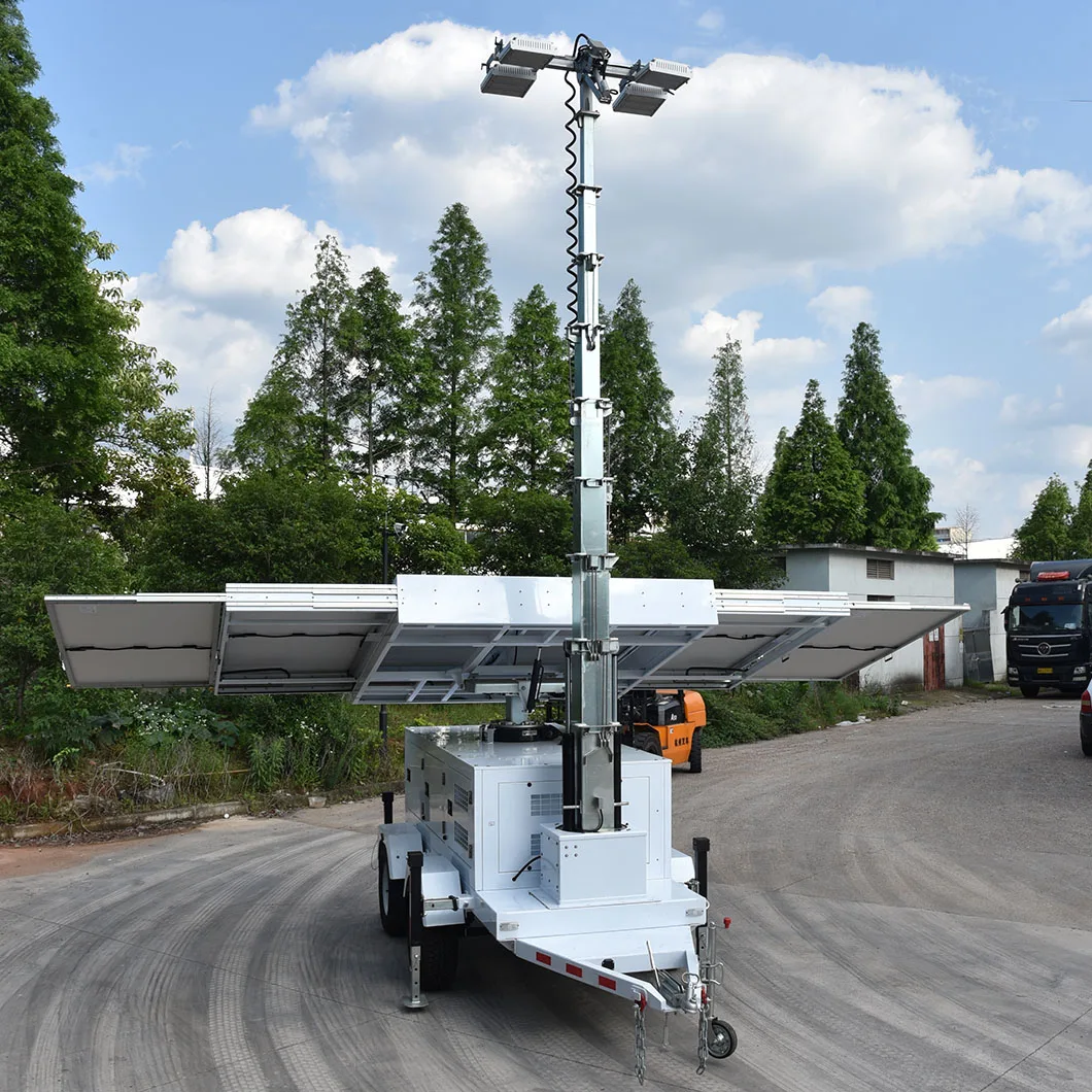 Large battery capacity mobile solar light tower with LED lights
