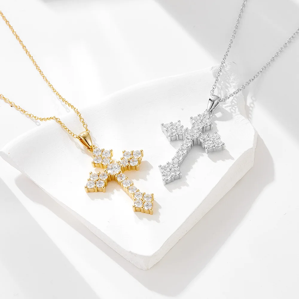 Personalized Hip-Hop Unisex Cross Necklace 925 Sterling Silver Gold-Plated Full Diamond 5A Cubic Zirconia Sweater Clavicle Chain