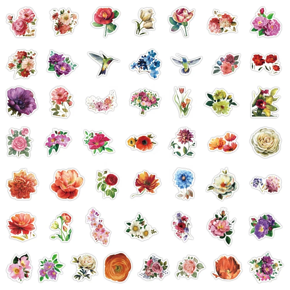 50pcs new ins flower stickers DIY hand account decoration fresh girl book stickers graffiti retro beautiful flower shop stickers