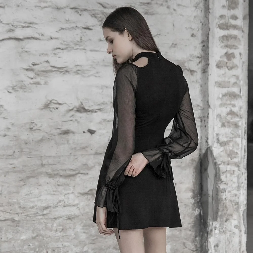 PUNK RAVE OPQ-497 Lolita Gothic Dresses Elegant Patchwork Mesh Long Sleeve Halter Black Women Mini Casual Dress