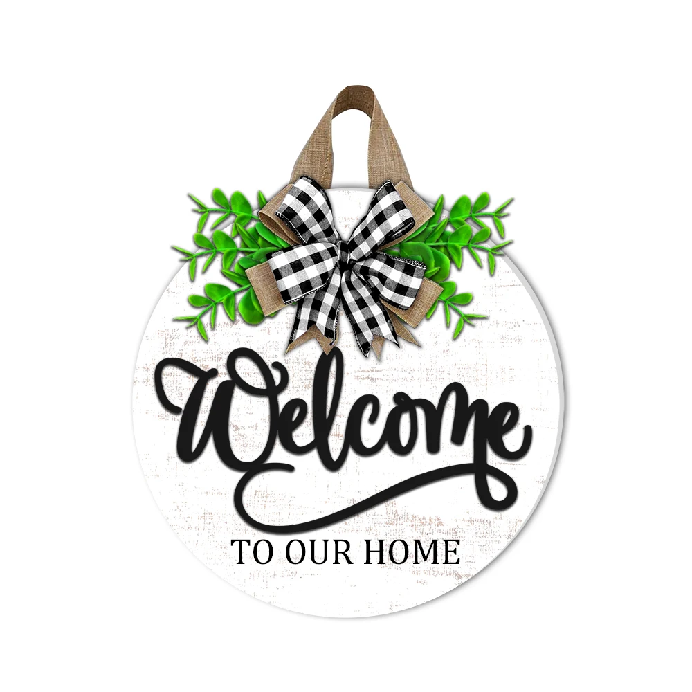 
Round Welcome Sign with Buffalo Plaid Ribbon - Welcome Sign for Front Door 