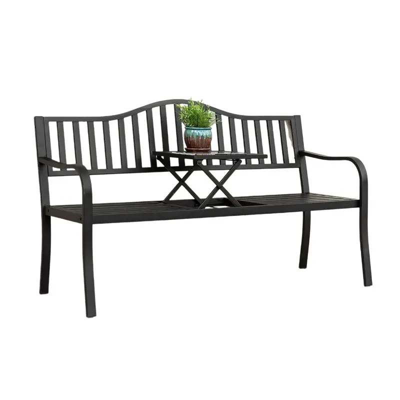 Outdoor Garden Bench with Pullout Middle Table, Double Seat Steel Metal for Patio, Porch, Backyard w/Weather- Resistant Frame