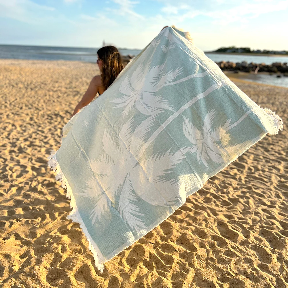 Light Green Coconut Tree Printed Custom Logo Microfiber Beach Towel