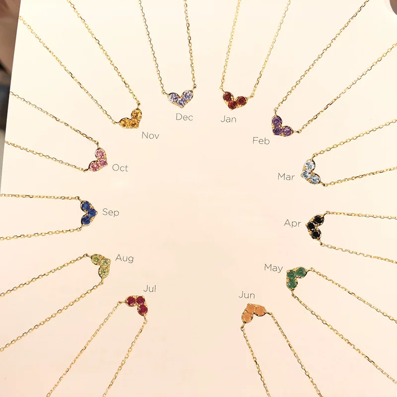 Minimalist 14k gold plated 925 sterling silver colorful zircon 12 months heart birthstone necklace