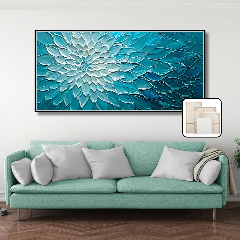 Handmade Modern Oil Painting Canvas Blue White Gradient Color Large Size Flower Wall Decor for Home Bedroom or Office