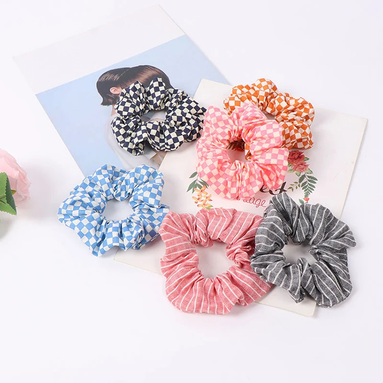 New low MOQ stripe checked scrunchies cotton fabric elastic hair ties scrunchies for hair
