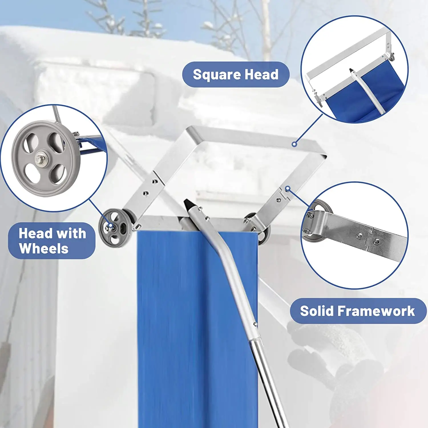 Snow Roof Rake Snow Removal Tool with Wheels and Adjustable Extended Handle