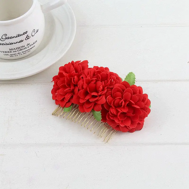 Новая мода Европейская и американская тиара заколки для волос невесты красивые аксессуары для волос красная Расческа с 3 цветами хризантемы