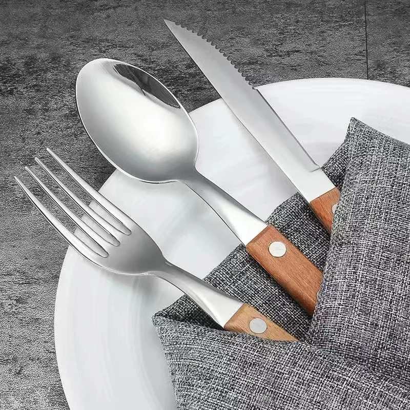 Luxury korean woden cutlery set  Knife Fork Spoon Set Wooden Handle Stainless Steel bulk Cutlery for restaurant hotel