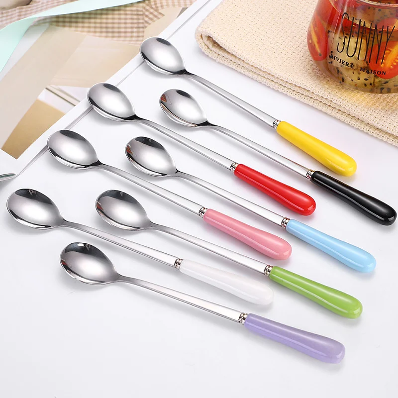 L0106 Creative Stainless Steel Ceramic Long Handle Stirring Spoon Mug Japanese Candy Coffee Spoon Gift