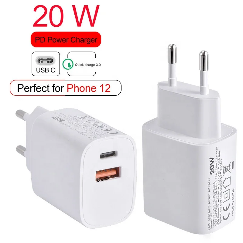 20W USB C Power Adapter for iPhone 14 13 12 Fast Charger 2-Port Wall Charger Power Delivery PD 3.0 with USB C and QC 3.0 USB A