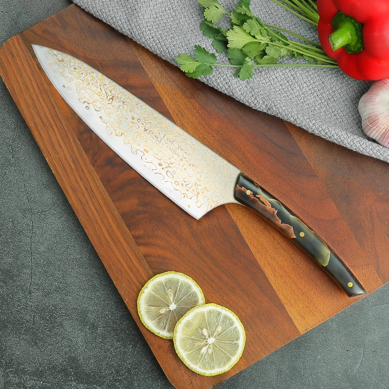 2024 New Arrivals Exquisite 4 Pieces Gilt Damascus Resin Handle  Santoku Paring Chef Knives Set With Wooden Storage Box