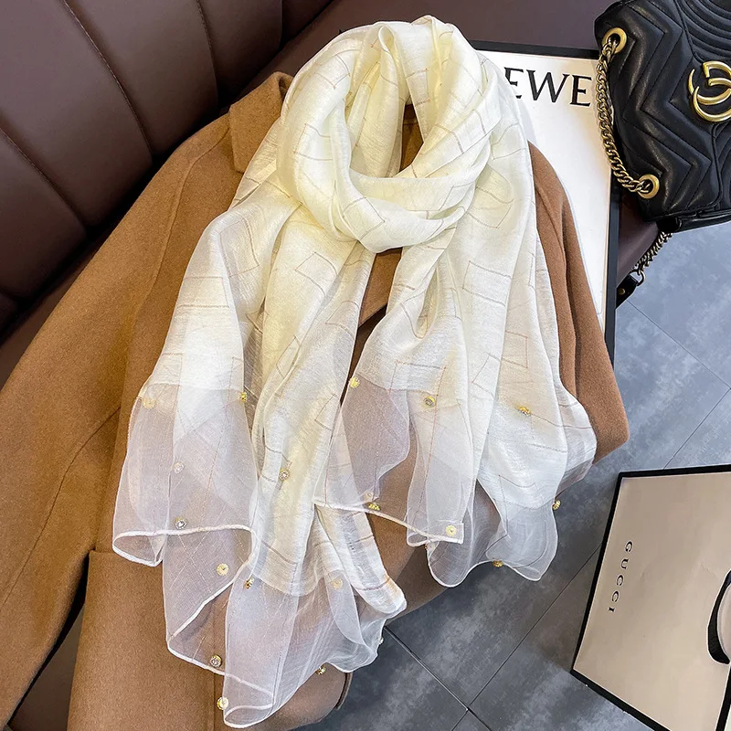 Solid Color Acrylic Long Gold Silk Sequin Scarf Summer Shawl White Pure Silk Scarf For Women Stylish