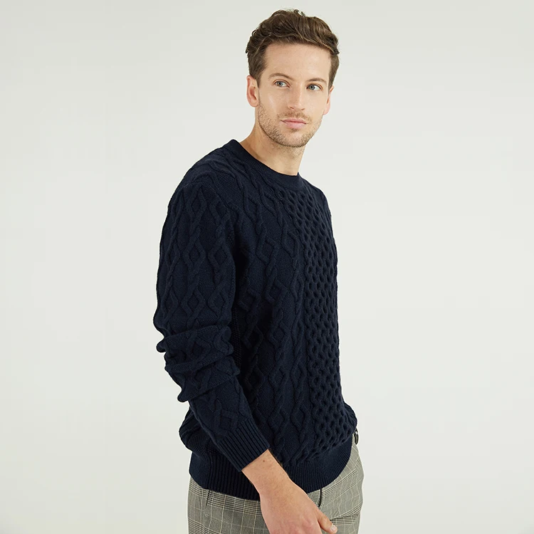 
Mens Cable Winter Black Wool Blend Crewneck Pullover Knitwear Custom Fleece Sweater For Men 