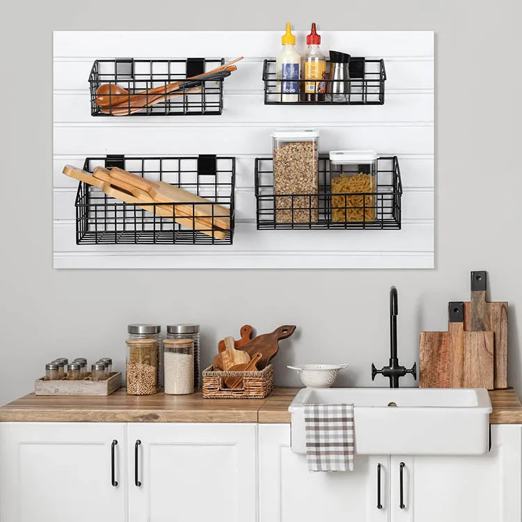 JH-Mech 4 Pack Slatwall Basket For Garage Storage Display Organizing On Slatwall Multi Size Beveled Metal Wire Storage Basket