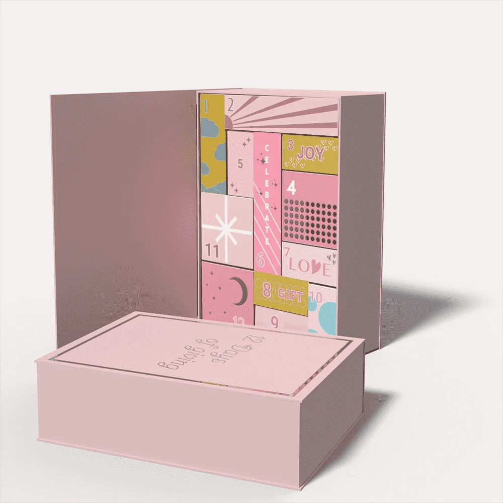 Custom Empty Cosmetic Advent Calendar Gift Box Pink Cardboard Paper Box Luxury Advent Calendar Box 12 Days