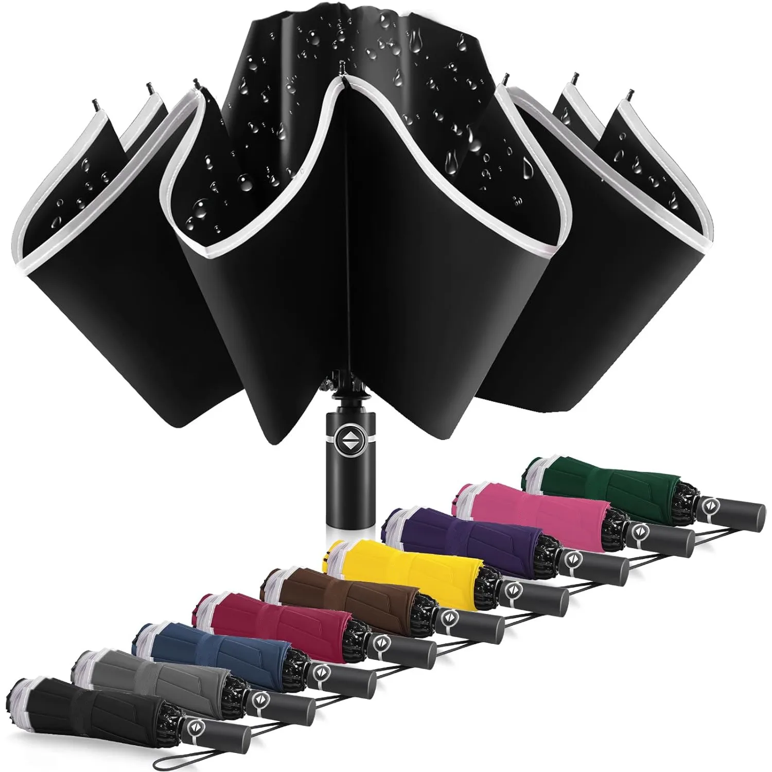 Windproof Inverted Compact Reverse with Reflective Stripe Teflon for Women Men Folding with Cover Bag Umbrella with Flashlight