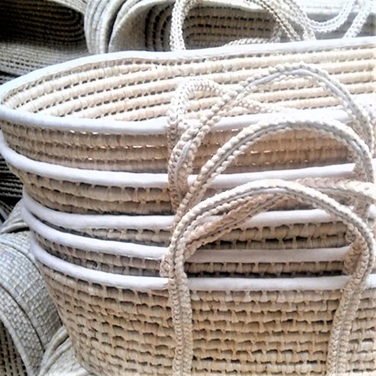 oval bleached white corn husk baby moses carrier basket, baby cradle with fabric cover, simple infant straw maize carrier