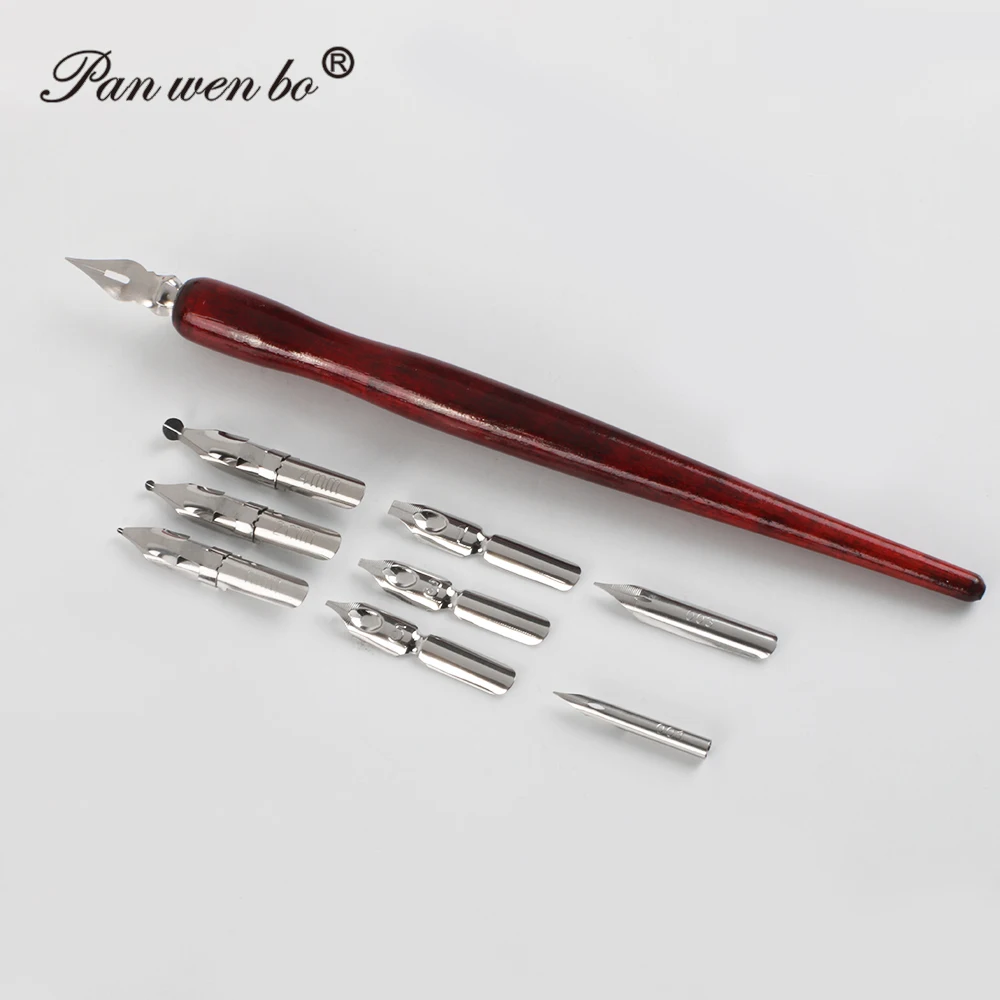 Panwenbo Calligraphy Pen Set one wooden pen holder 9 nibs for Beginners - Fountain Dip Pen Ink Set With Replaceable Nibs