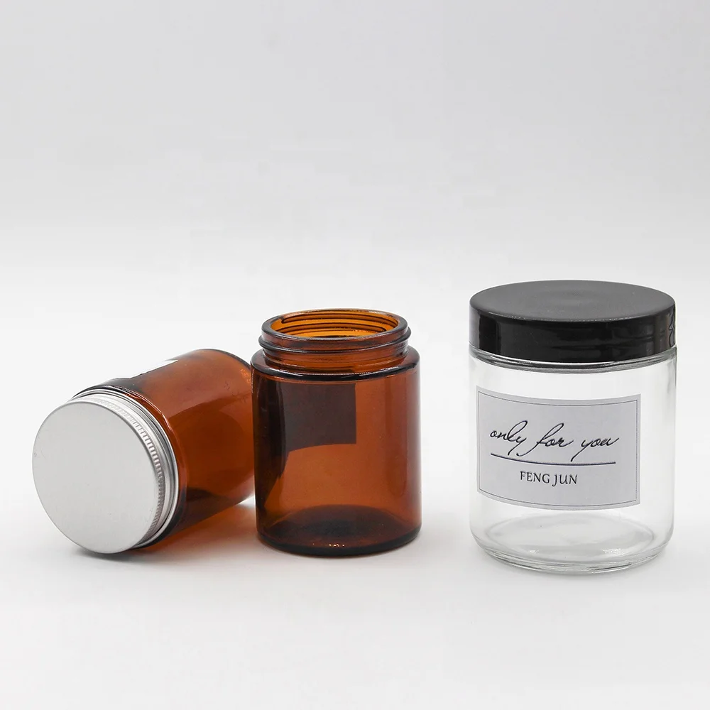 FENGJUN wholesale custom 3 oz 5 oz 7 oz assorted size aura glass amber candle vessels jar set with metal lid and box luxury