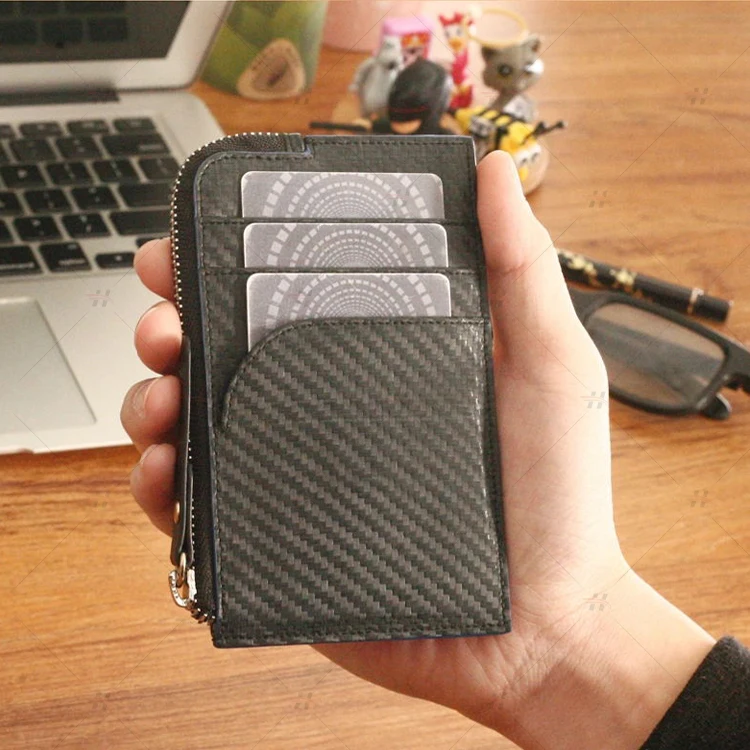 
RFID Blocking Zipper Wallet Leather Coin Purse Carbon Fiber Slim Zip Pocket 