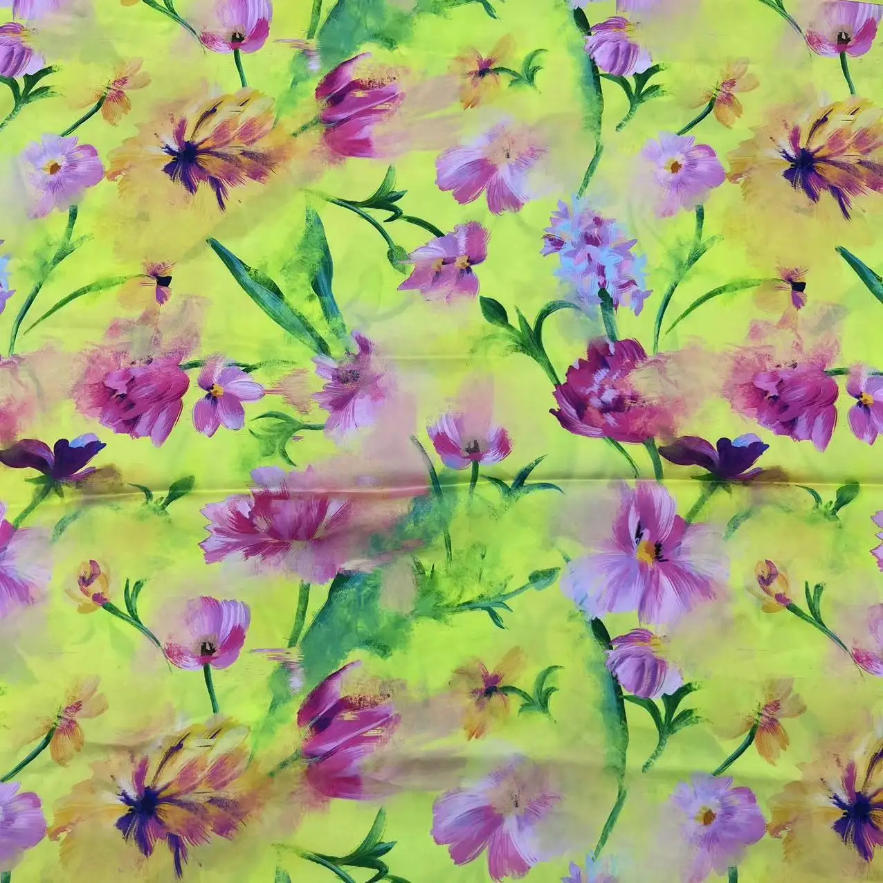 latest fashion design bright-coloured yellow floral non-stretch silk effect satin fabrics for garment skirt dress