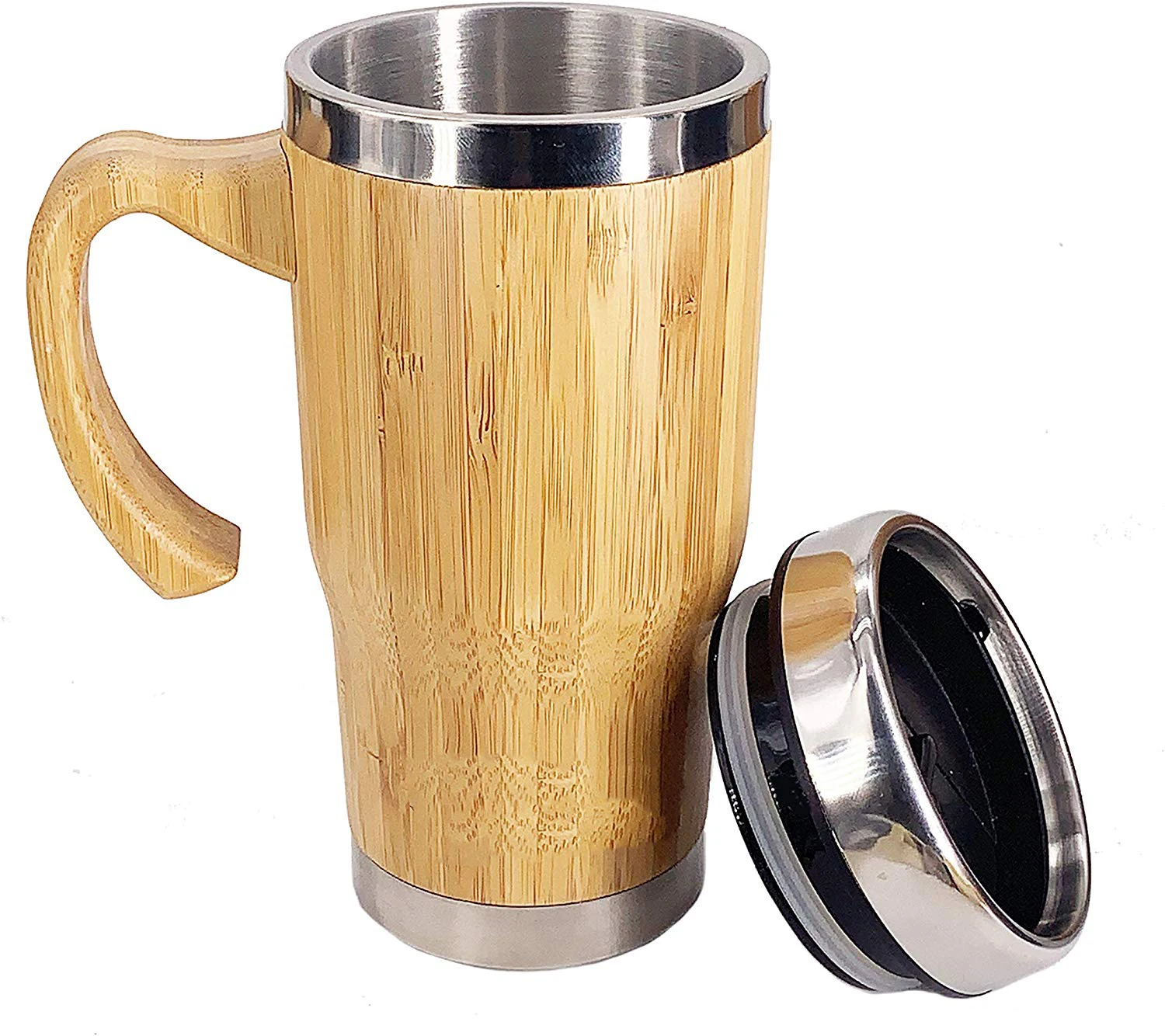 Bamboo Travel Mug with Handle - Leak Proof Lid, Eco-Friendly Tumbler Insulated, Splash Proof Cup for Coffee or Tea. 16 Oz