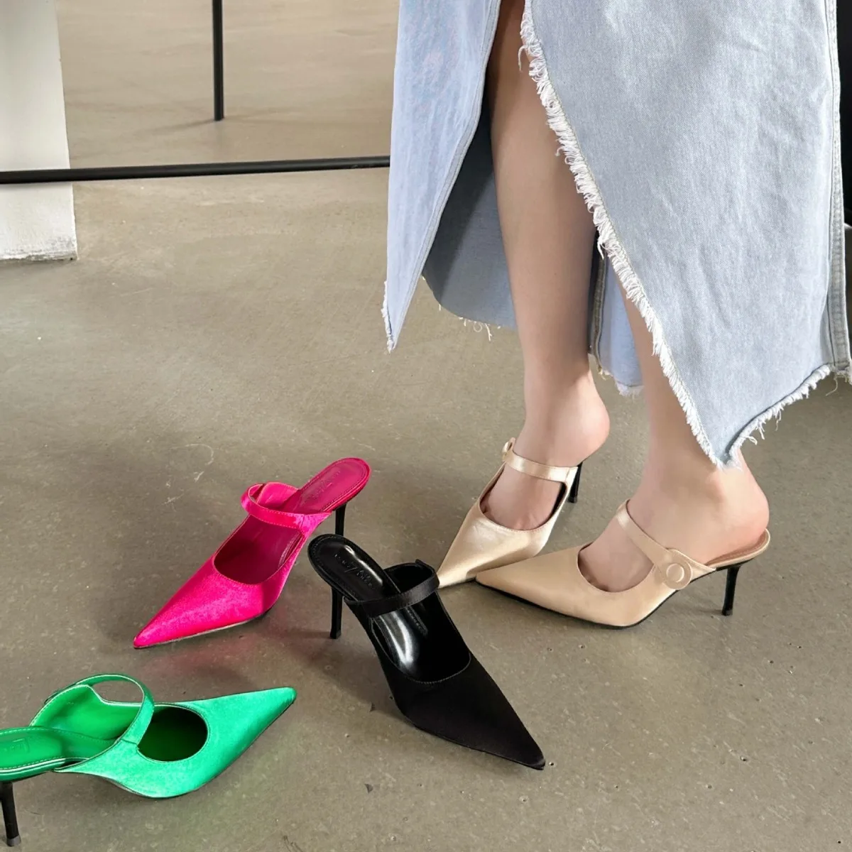 2024 spring summer new pointy thin mid slippers satin high heel sals women Europe and the United States fashion baotou half drag