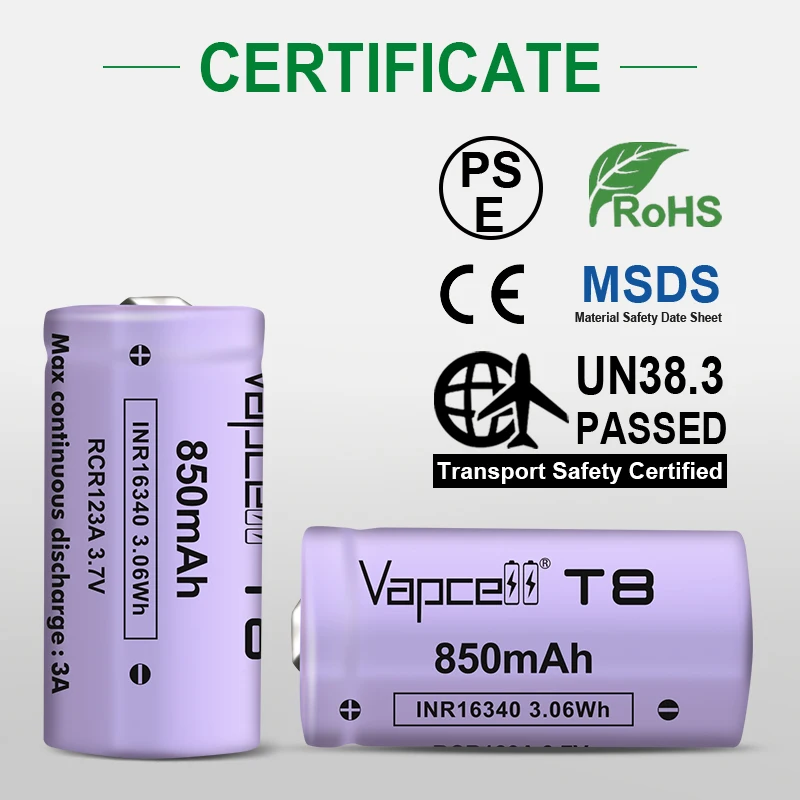 Аккумуляторные литий-ионные батарейки Vapcell T8 850 мАч 3 А INR16340 высокого качества для