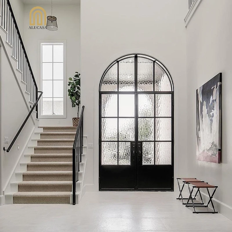 Alucasa Custom Simple Clean Line Modern Steel Arch Door Wrought Iron Metal Thermal Break Exterior Entry Single French Doors