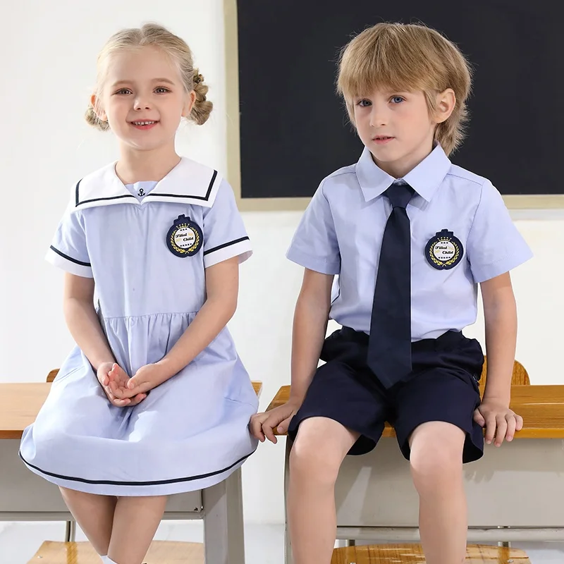 sky blue color upmarket quality sailor style  kindergarten and primary summer school uniform dress and short set