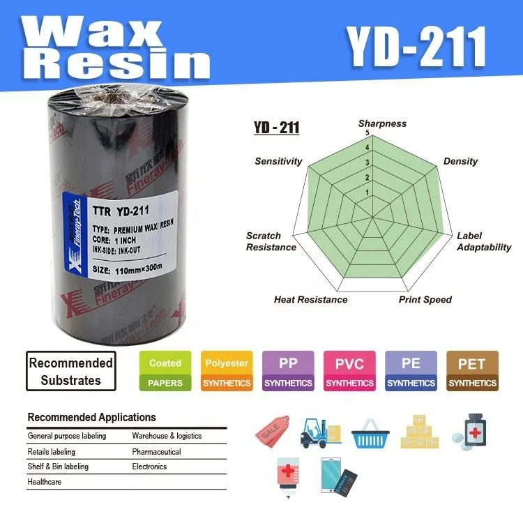 Customizable Size 110mmx300m YD211 Premium Black Wax Resin Thermal Ribbon TTR For Zebra,Godex,Tsc Ttr And Label Printer