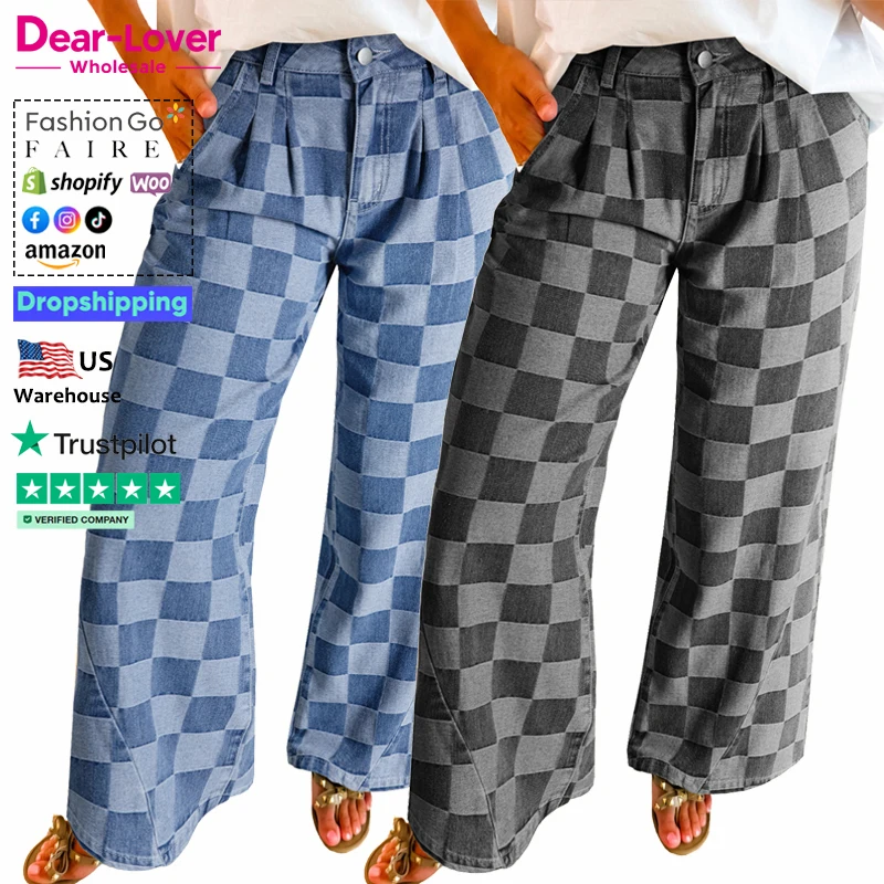 Dear-Lover Wholesale Western Clothing Jeans Mujers Fashion New High-quality Checkered Loose Denim Wide Leg Jeans For Women