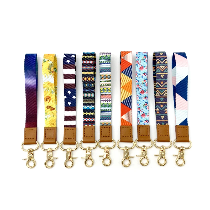 Cheap Super Factory Popular Polyester Printed Keychain Wrist Lanyard Leather Phone Keychain Lanyard Short