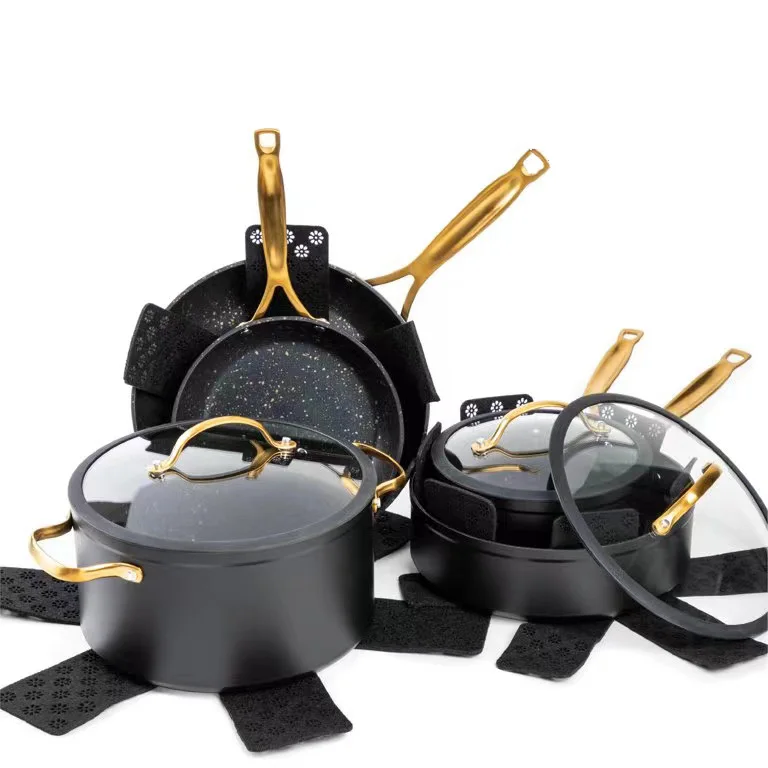 Granite Nonstick Cookware Set Black Stainless Steel Handle Portable Camping Cookware Set
