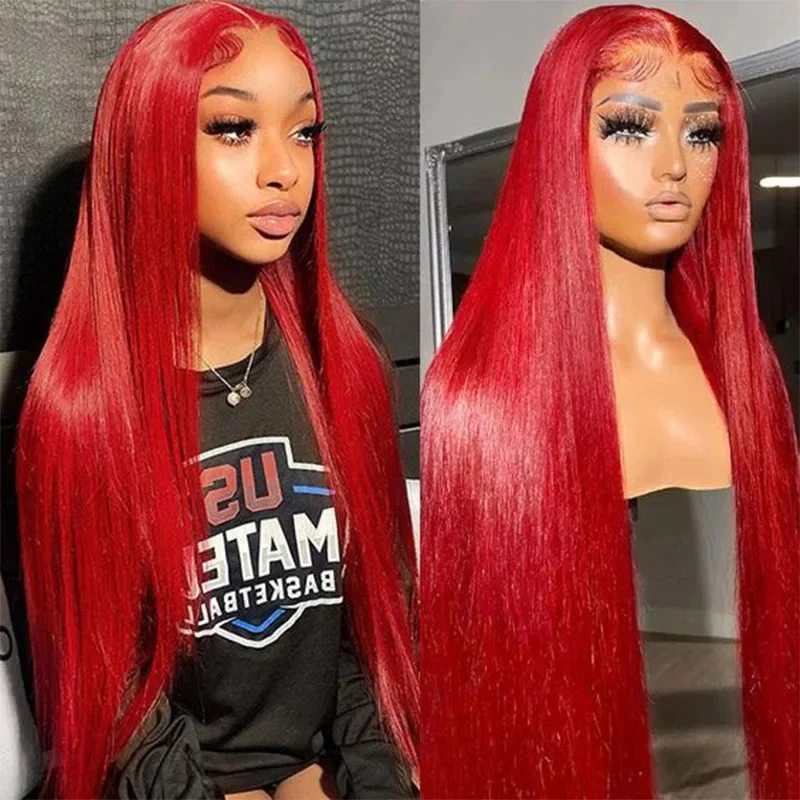 Custom Color Red Color Long Straight Raw Hair Wig 13x4 Lace Frontal Wig Red Peruvian 100% Human Hair Lace Front Wigs