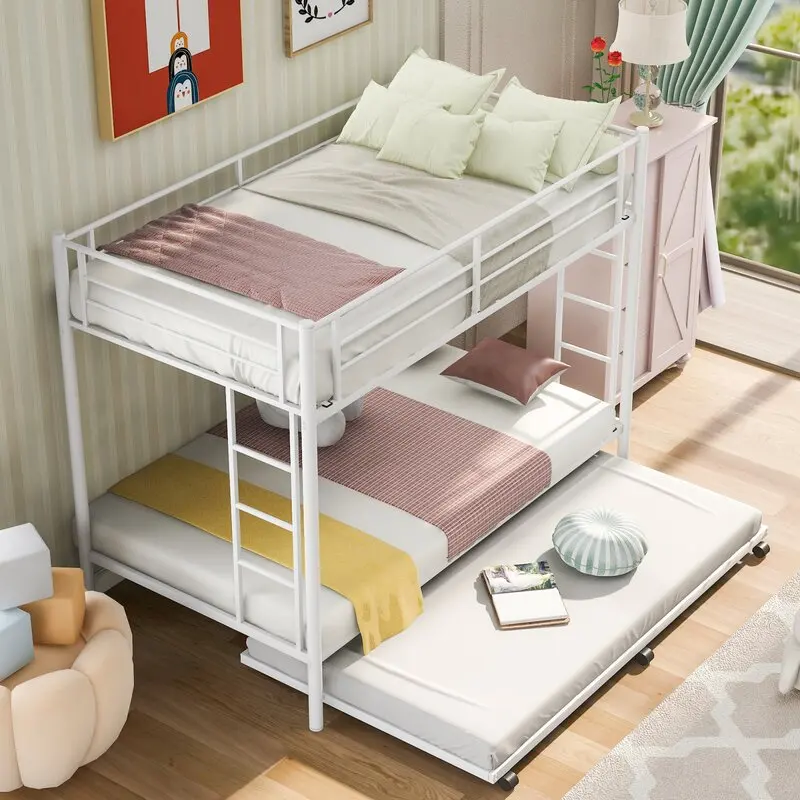 White Wrought Iron Bed Kids Double Twin Single Metal Bunk Bed with Trundle