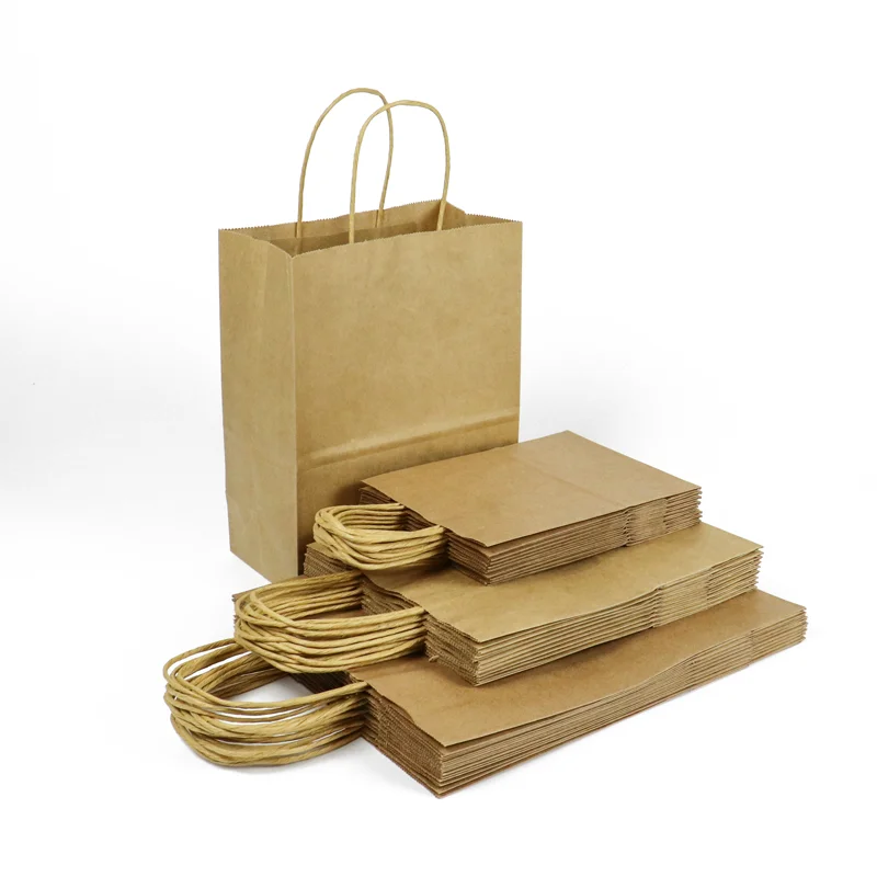 custom brand handmade biodegradable natural shopping art brown paper packaging food grade gift kraft paper bag with handle