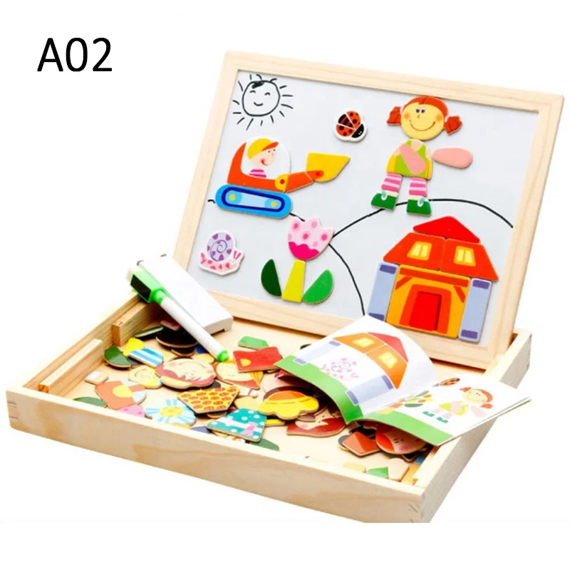 Kids Double Sided Toddler Easel Educational Toys Wooden Double Side Magnetic Drawing Board Jigsaw Puzzles Black&Whiteboard