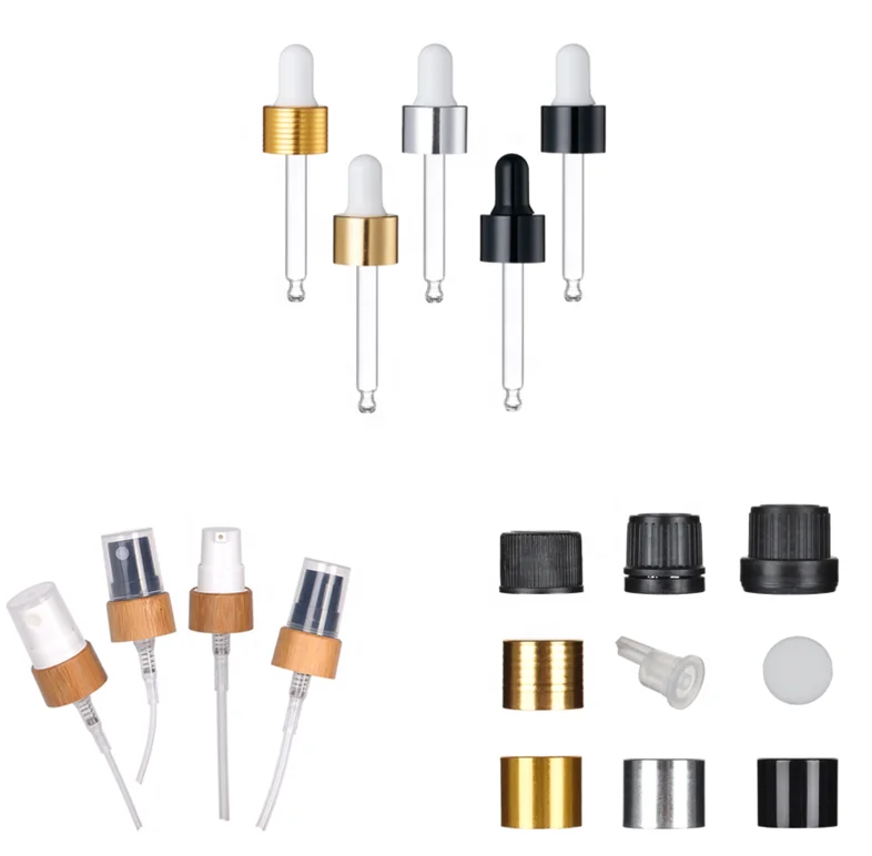 18 20 22 24 -400 410 415 Custom Plastic Essential Oil Dropper With Round glossy and matte rubber head and Spray head accessories