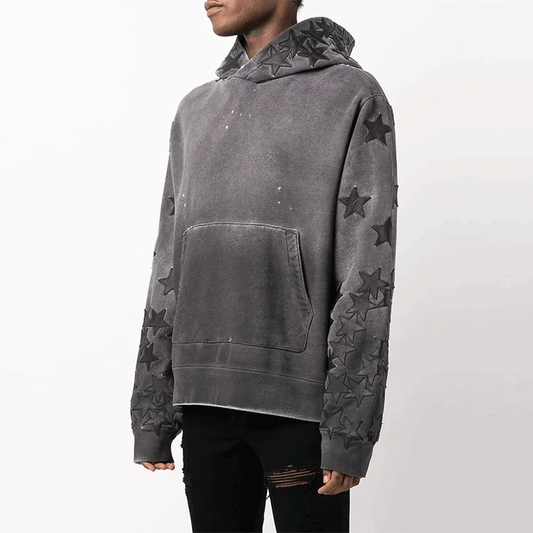 street wear vintage washed men hoodie set wholesale stone wash hoodie custom embroidery patch no string hoodies