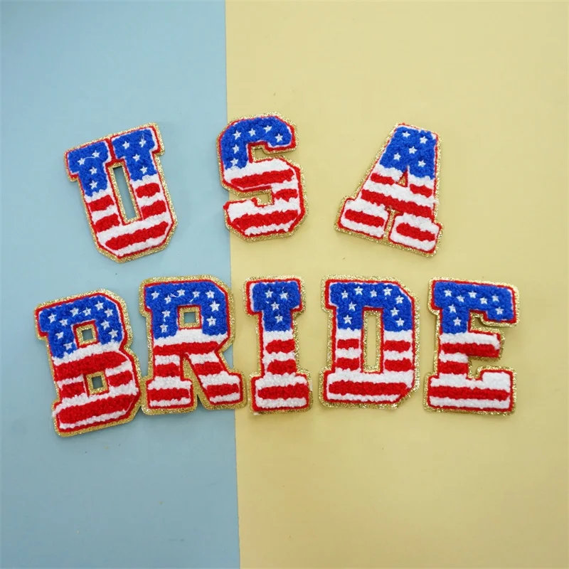USA MAMA independence day Sewing Patch Chenille Iron on Patches 3D towel Glitter Embroidered Varsity Letter