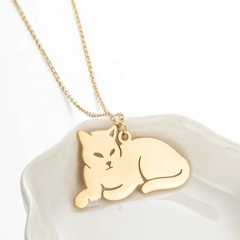 In Stock New Fashion Cute Animal Cat Necklace Women Gold Plated Necklaces Stainless Steel Jewelry