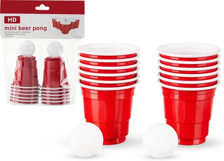 Mini Beer Pong Game Cup 1.5 Ounce Disposable Red Party Cup Plastic Shot Glasses 12 Red Cups and 2 Mini Ping Pong Balls Set
