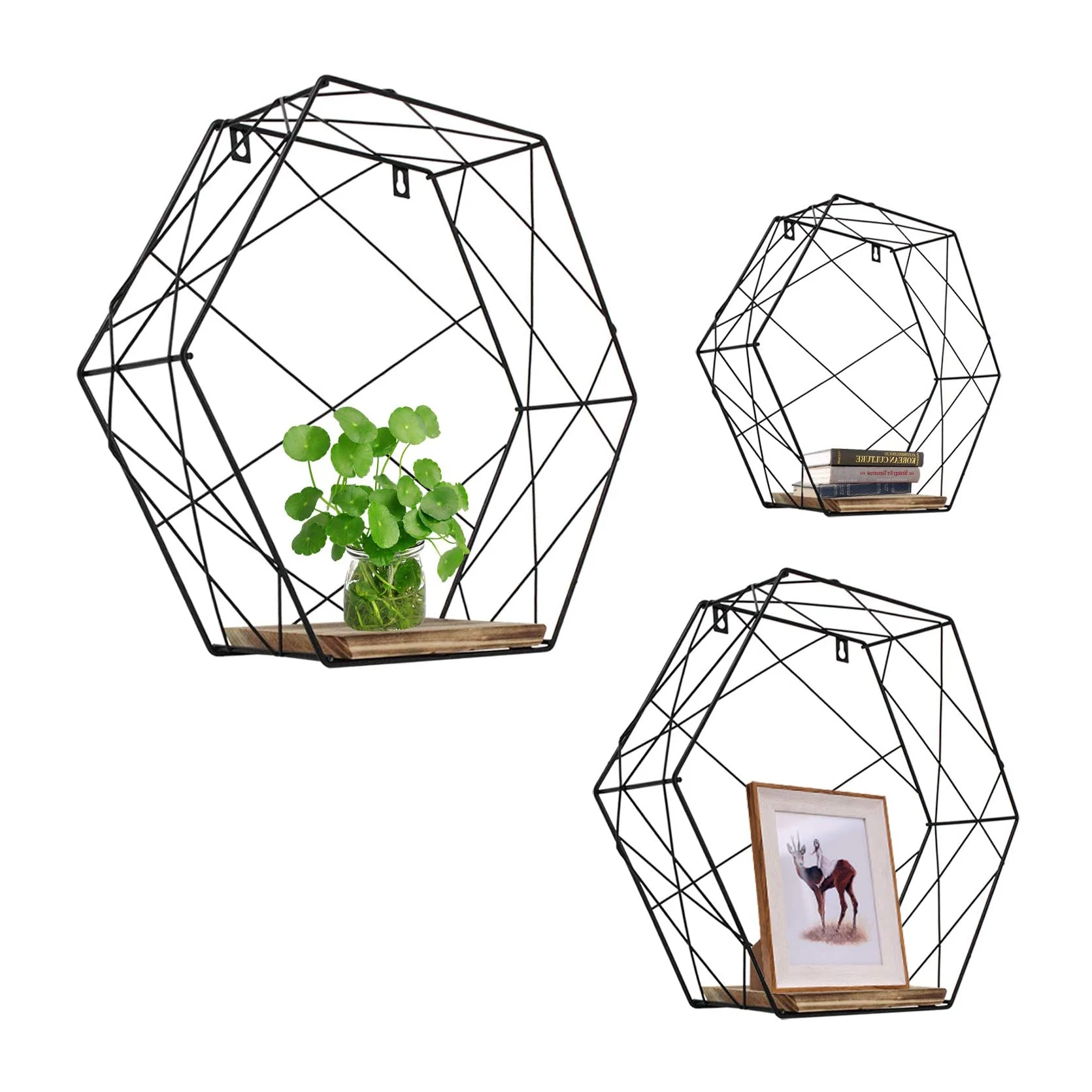 Шестигранные плавающие деревянные и металлические шестигранные настенные полки мебель для гостиной