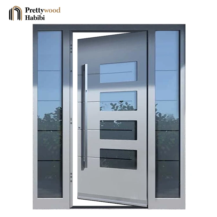 Prettywood Residential Exterior Main Entrance Glass Inserted Security Anti-Theft Steel Front Entry Door Design