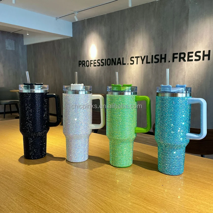 Wholesale Premium Rhinestones Tumbler Stainless Steel Mug Cup Pattern 40 oz Cup with Handle and Straw